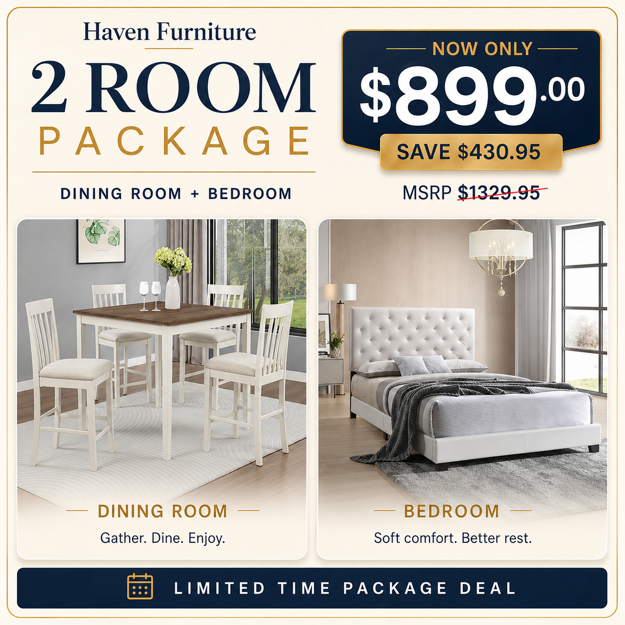 2-Room Package - White Bed + Brody Counter-Height Dining