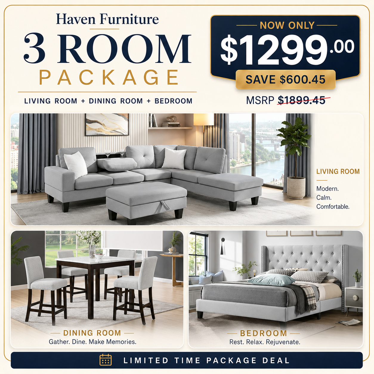 3-Room Package - Platform Bed + Lennon Dining + Star Grey Sectional