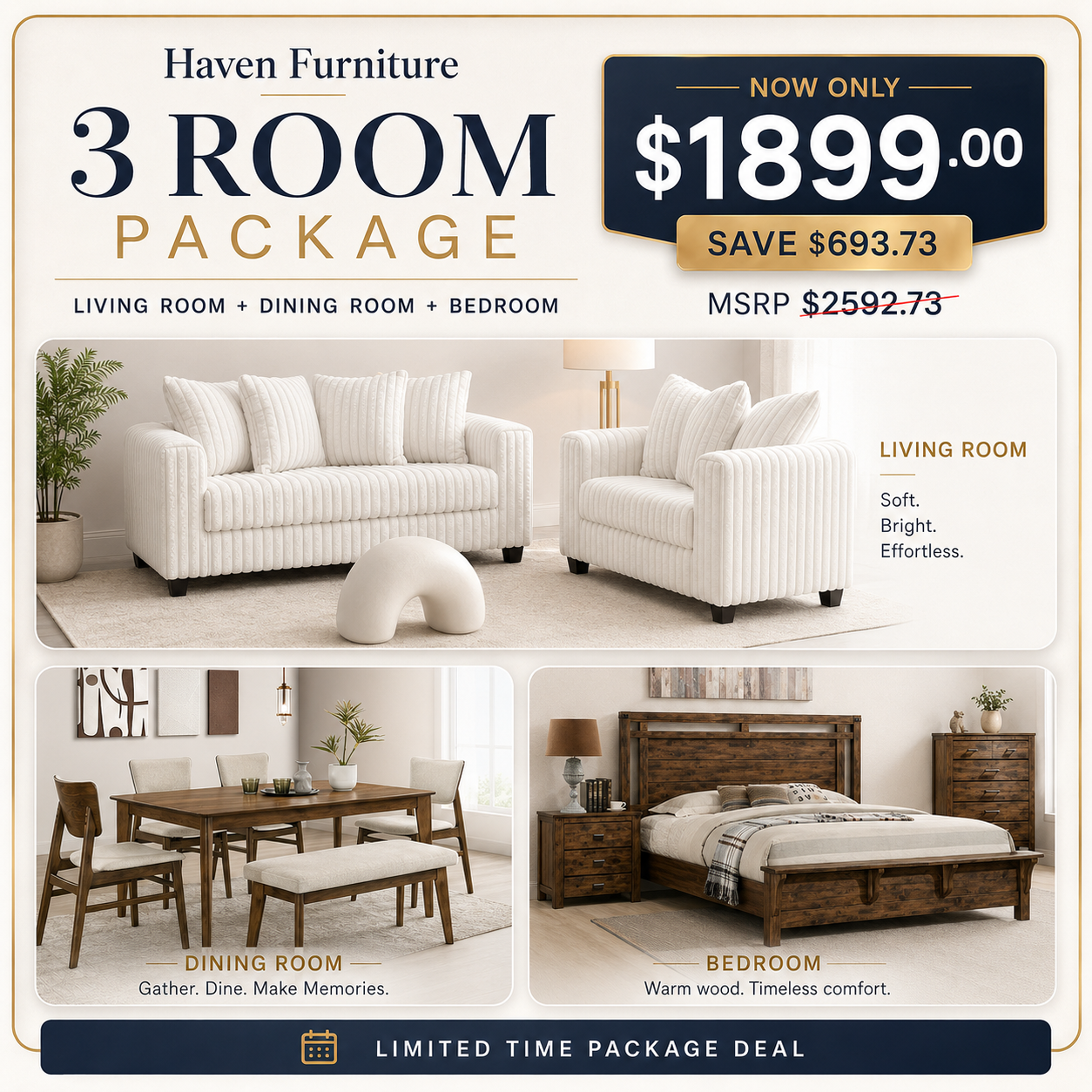 3-Room Package - Curtis Bedroom + Rolstan Dining + Gia Ivory Sofa