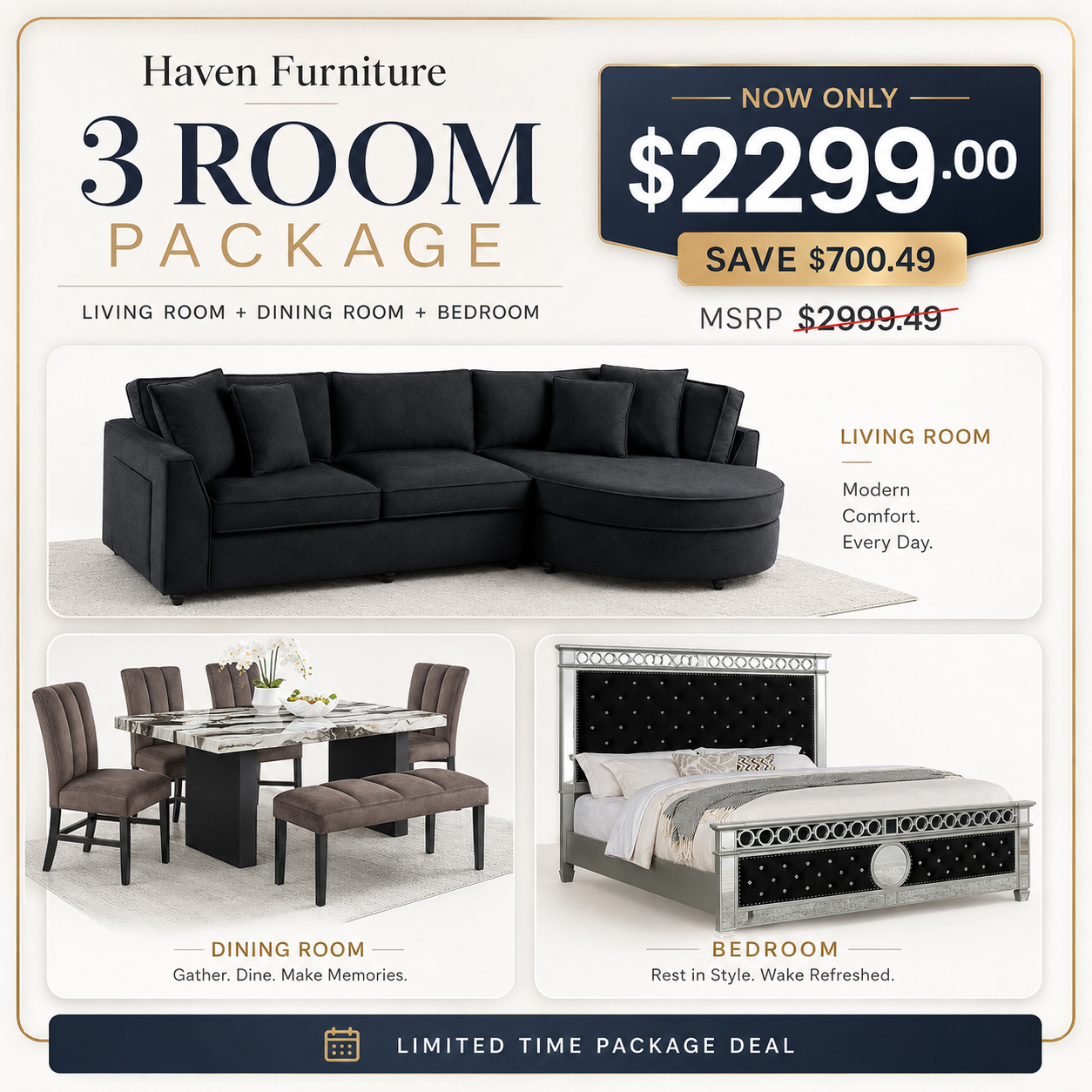 3-Room Package - Bella Bedroom + Vega Dining + Elva Sectional