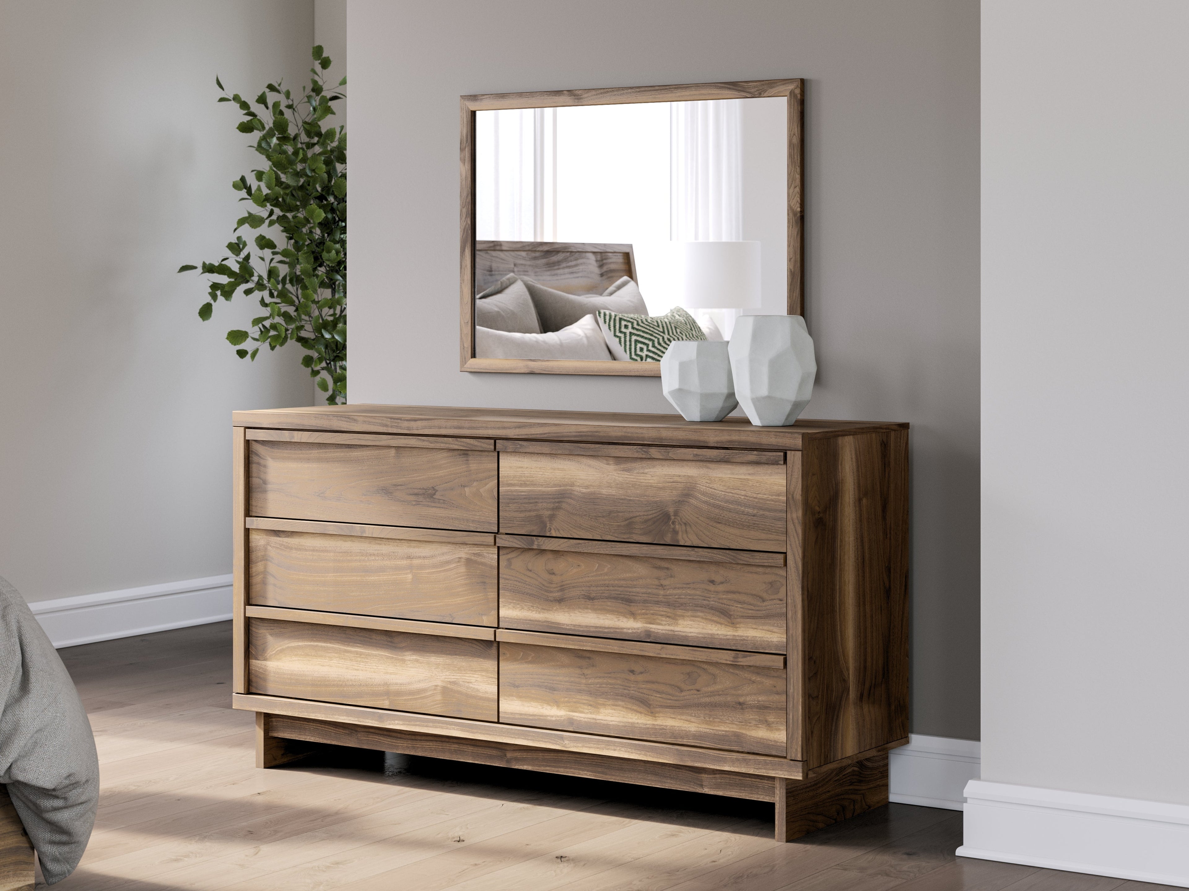 Chirason Brown Handleless Dresser and Mirror