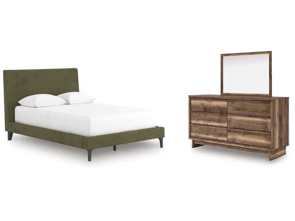 Chirason Brown/Sage Green Full Upholstered Bed, Dresser and Mirror