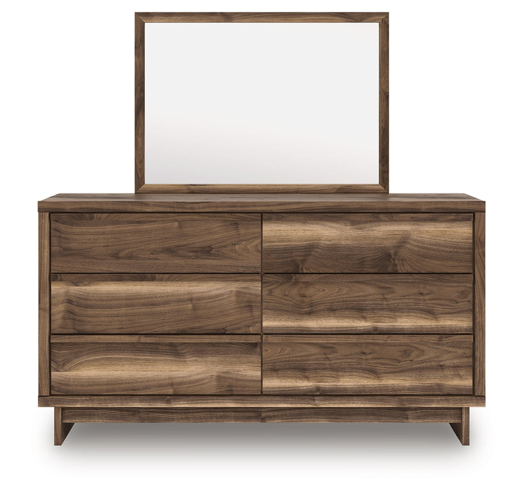Chirason Brown/Sage Green Queen Upholstered Bed, Dresser and Mirror
