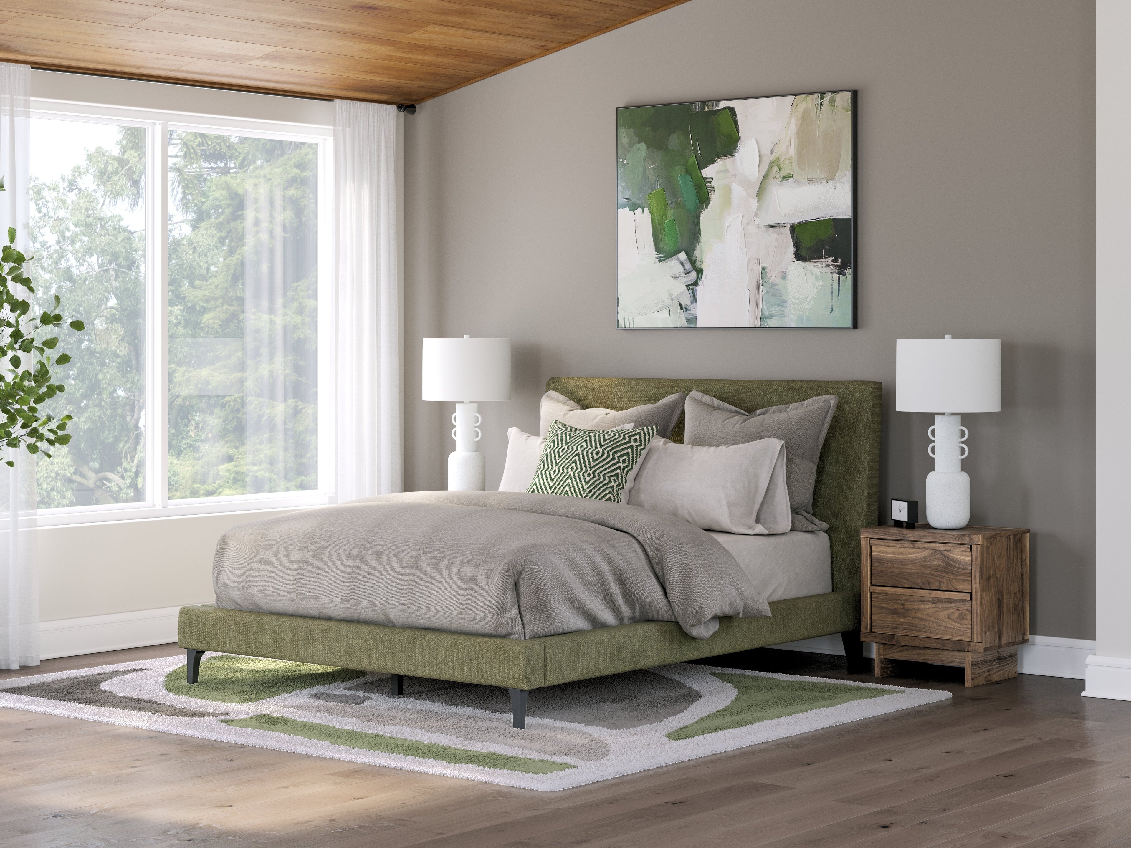Chirason Brown/Sage Green Queen Upholstered Bed, Dresser and Mirror