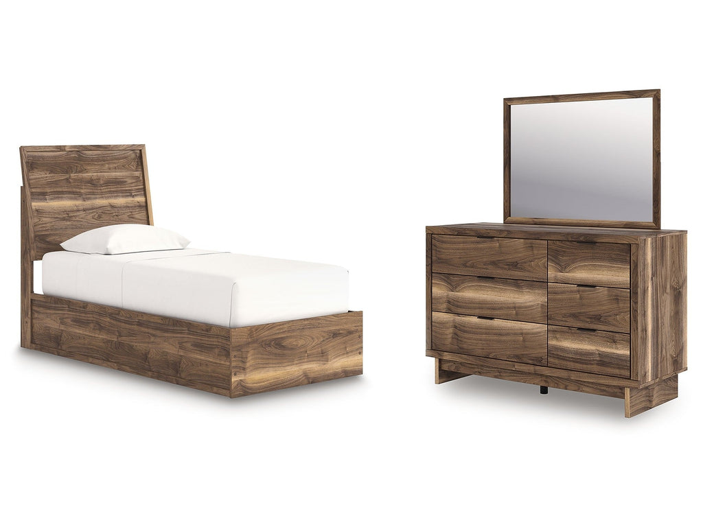 Chirason Brown Twin Panel Platform Bed, Dresser and Mirror