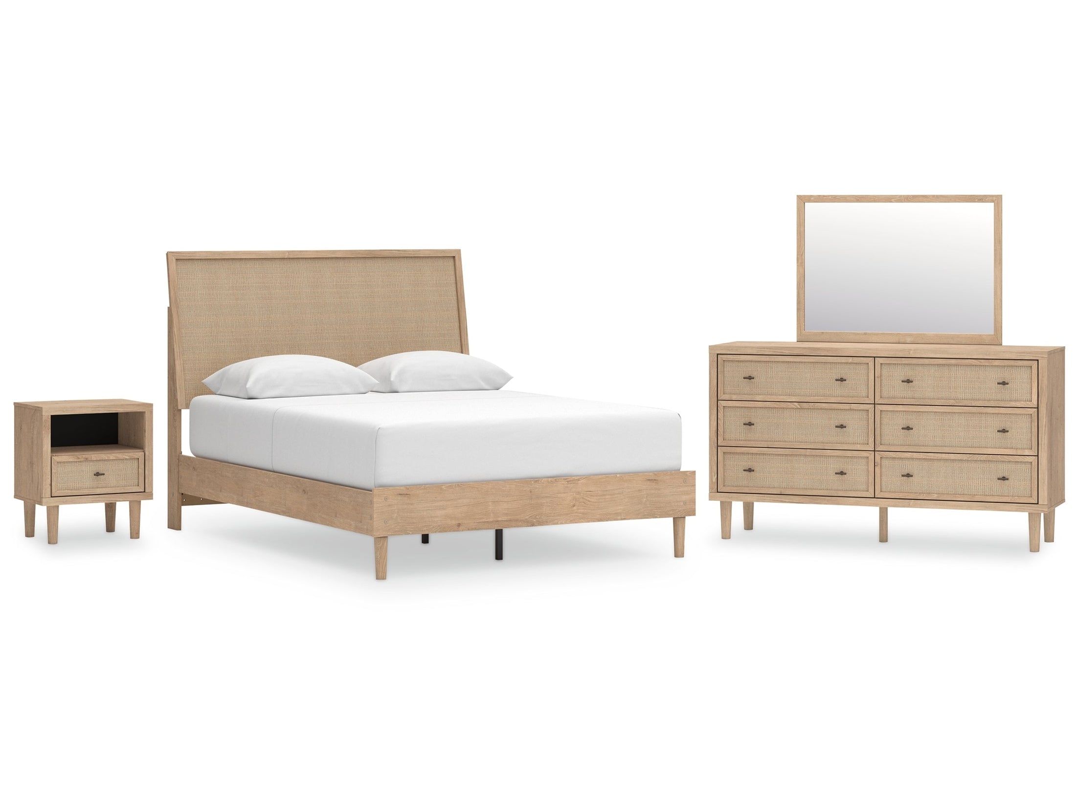 Cielden Two-Tone Queen Panel Bed with Mirrored Dresser and Nightstand