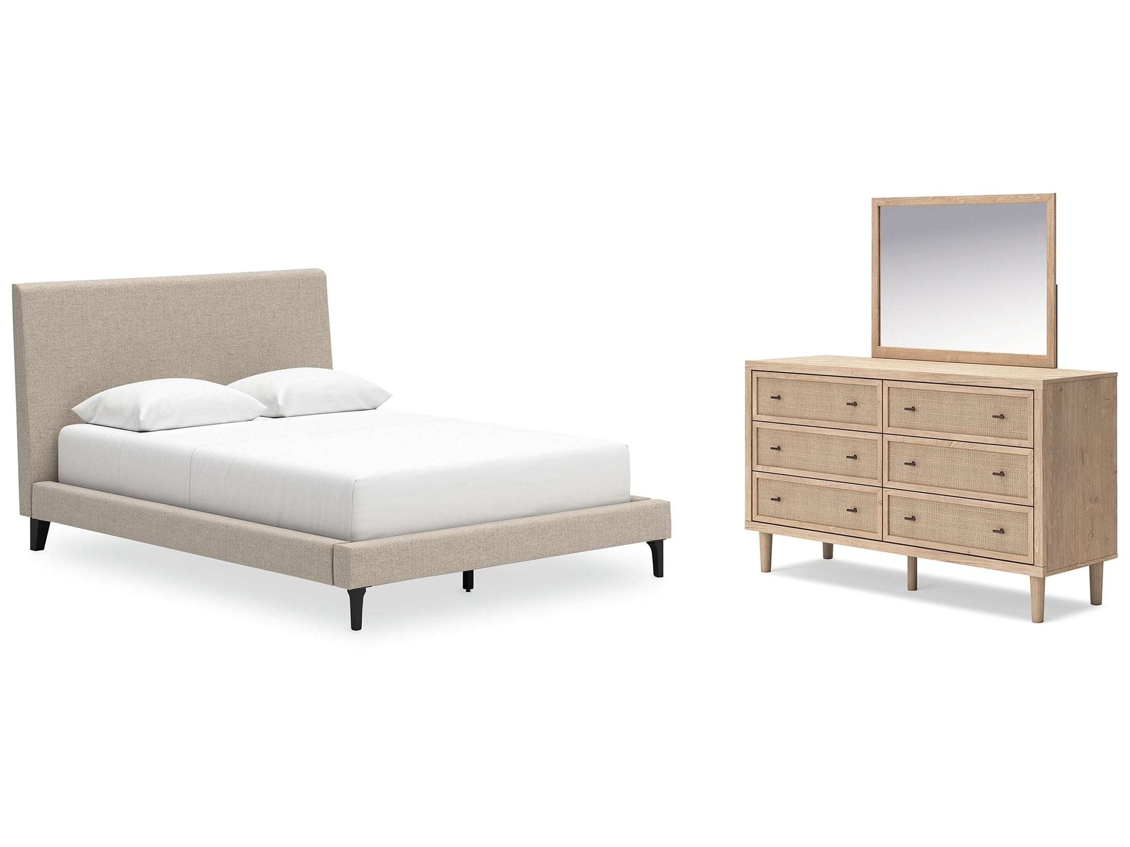 Cielden Two-tone/Soft Gray Queen Upholstered Bed, Dresser and Mirror