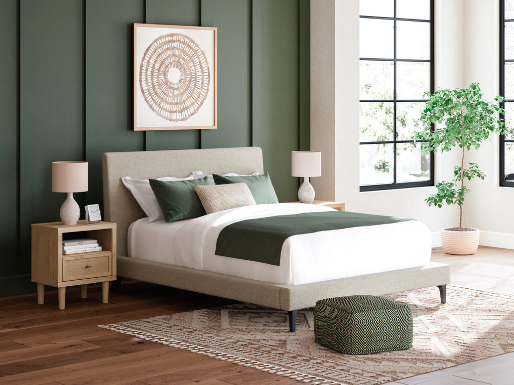 Cielden Two-tone/Soft Gray Queen Upholstered Bed, Dresser and Mirror