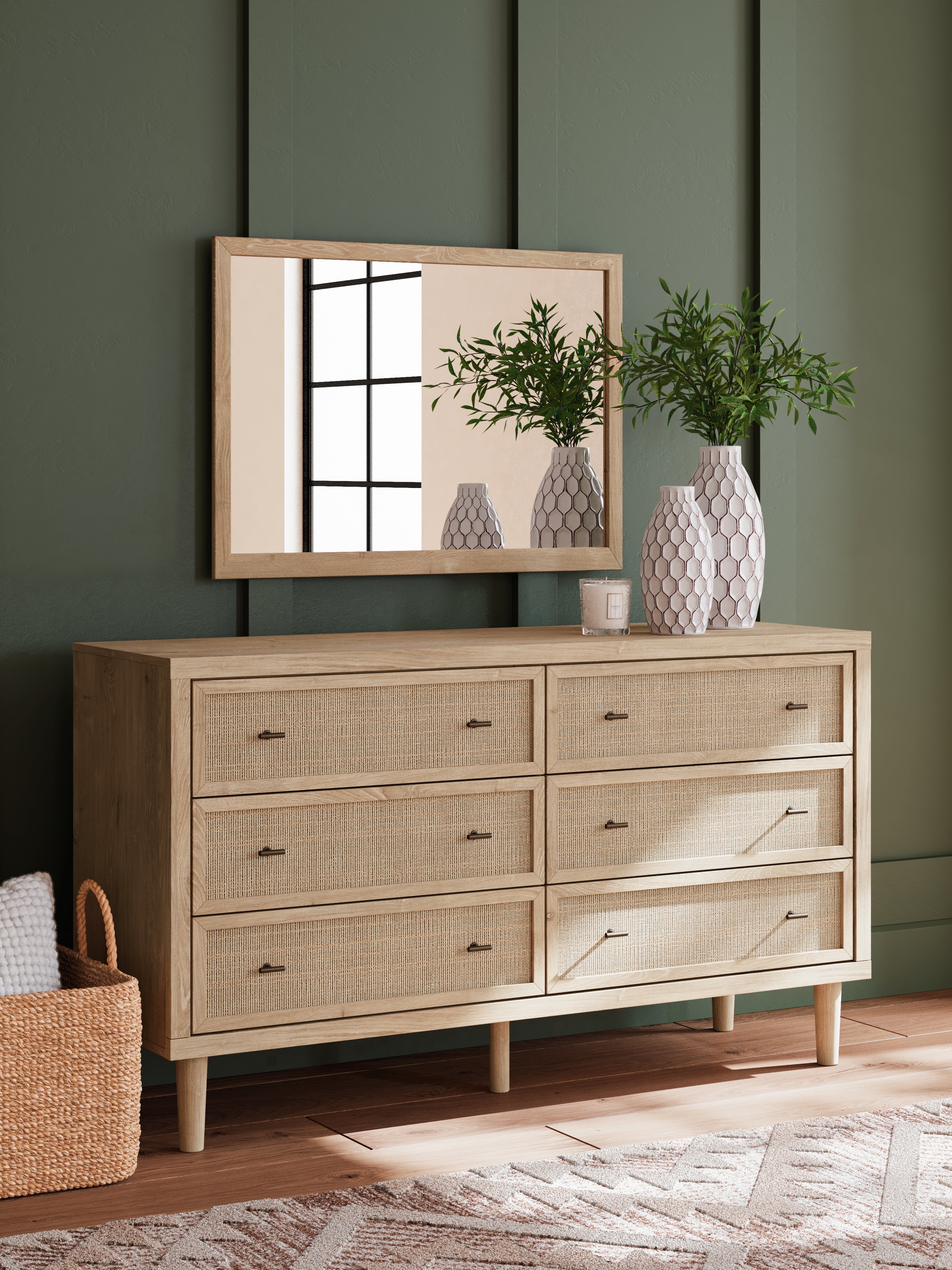 Cielden Two-tone/Soft Gray Queen Upholstered Bed, Dresser and Mirror