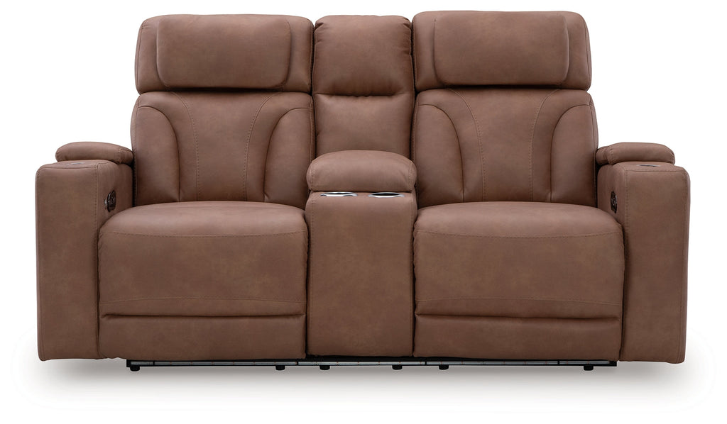 Clean-Slate Caramel Power Reclining Loveseat with Console