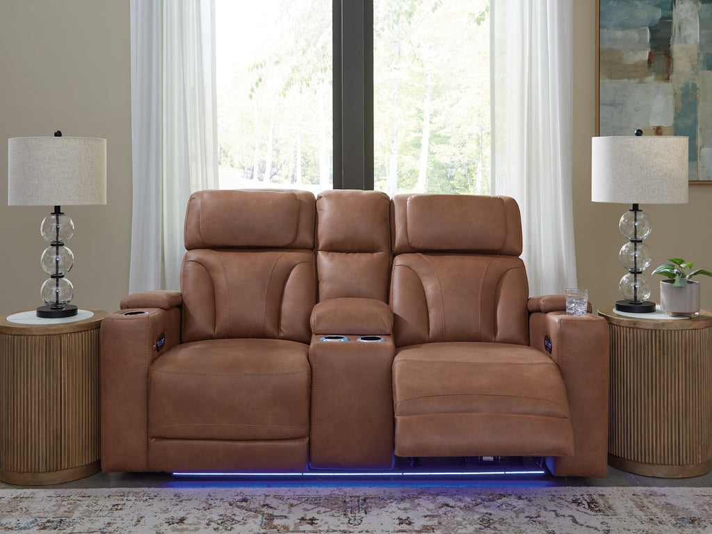 Clean-Slate Caramel Power Reclining Loveseat with Console