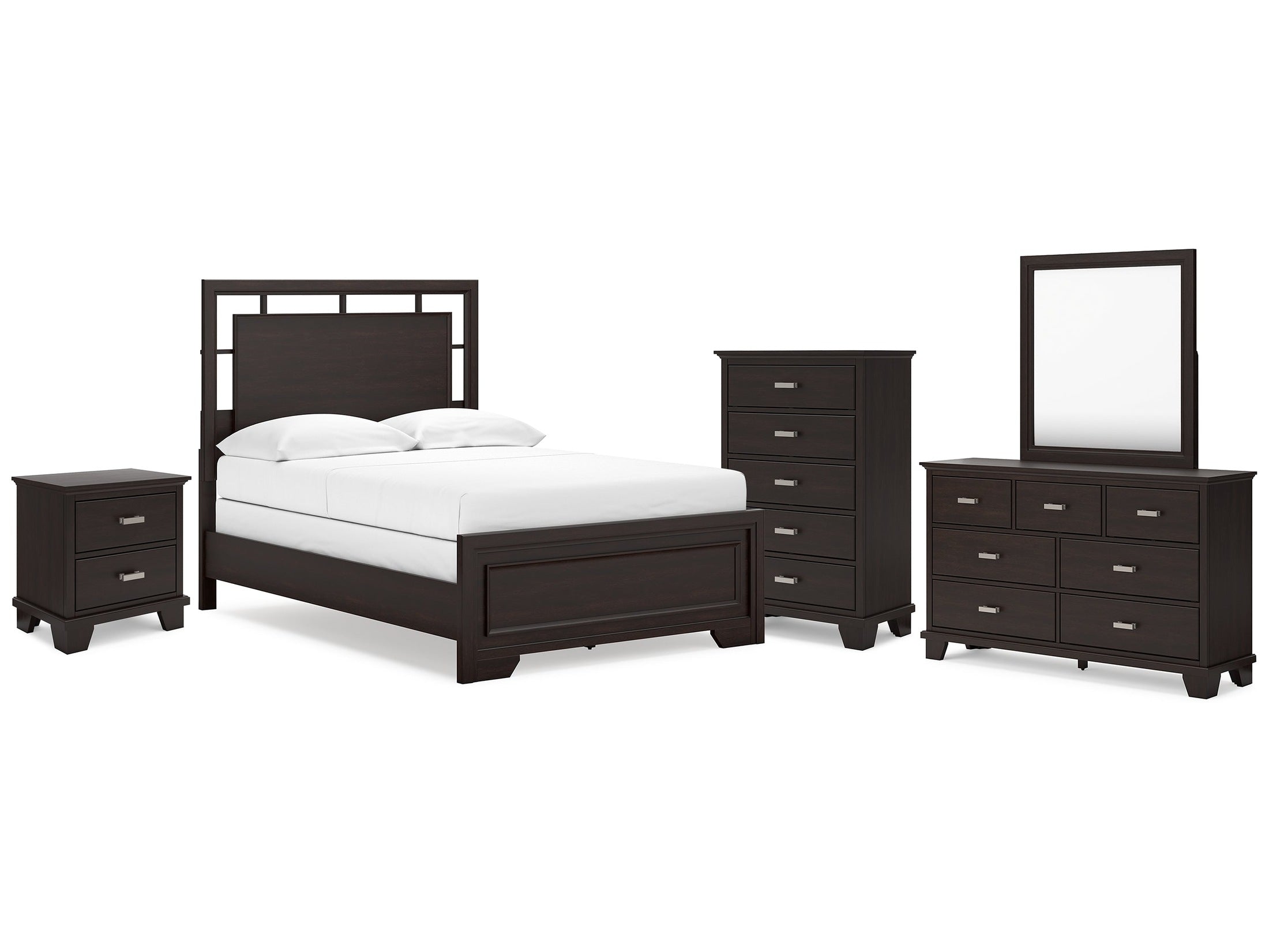 Covetown Full Panel Bed & Dresser & Mirror & Chest & Nightstand, Dark Brown
