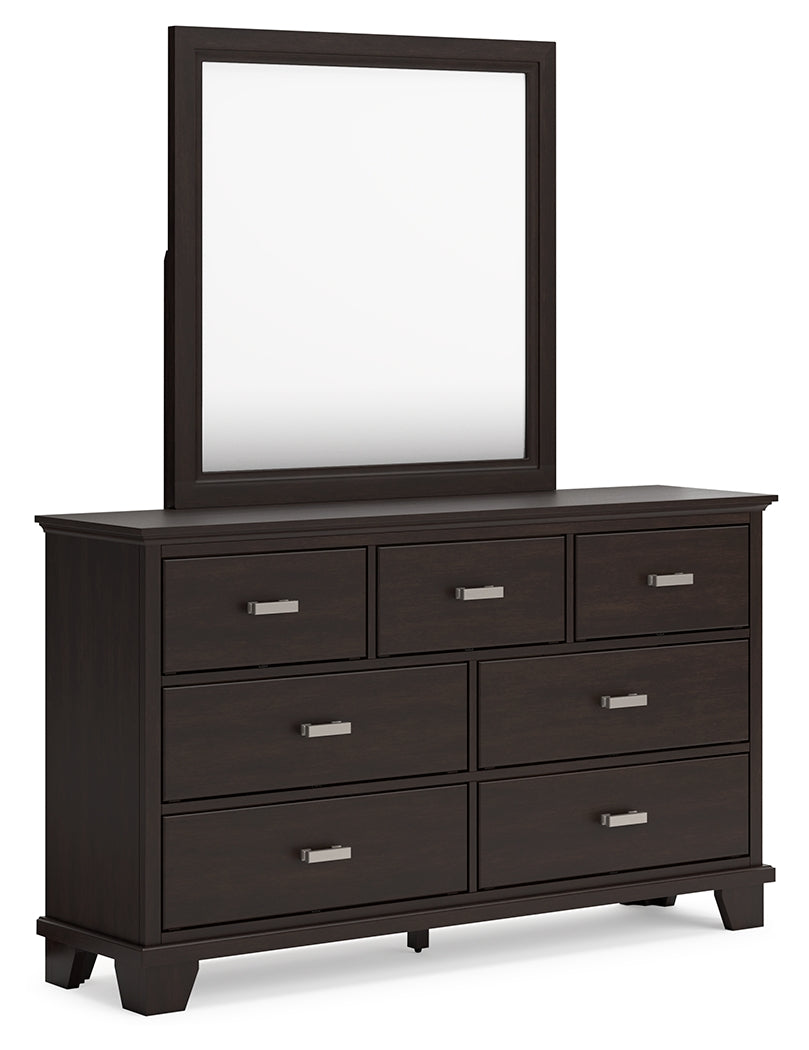 Covetown Full Panel Bed & Dresser & Mirror & Chest & Nightstand, Dark Brown