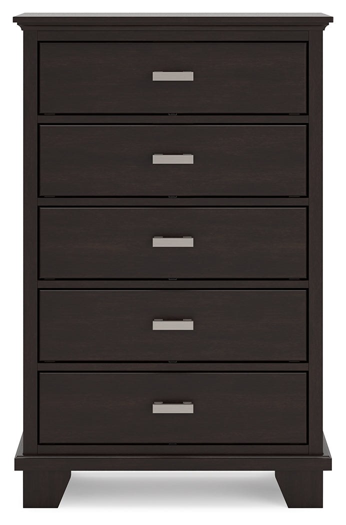 Covetown Full Panel Bed & Dresser & Mirror & Chest & Nightstand, Dark Brown