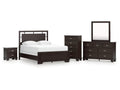 Covetown Queen Panel Bed, Dresser, Mirror, Chest and Nightstand, Dark Brown