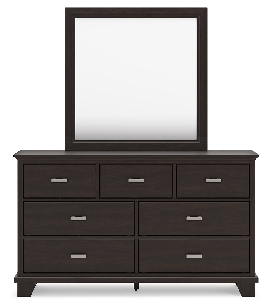 Covetown Queen Panel Bed, Dresser, Mirror, Chest and Nightstand, Dark Brown