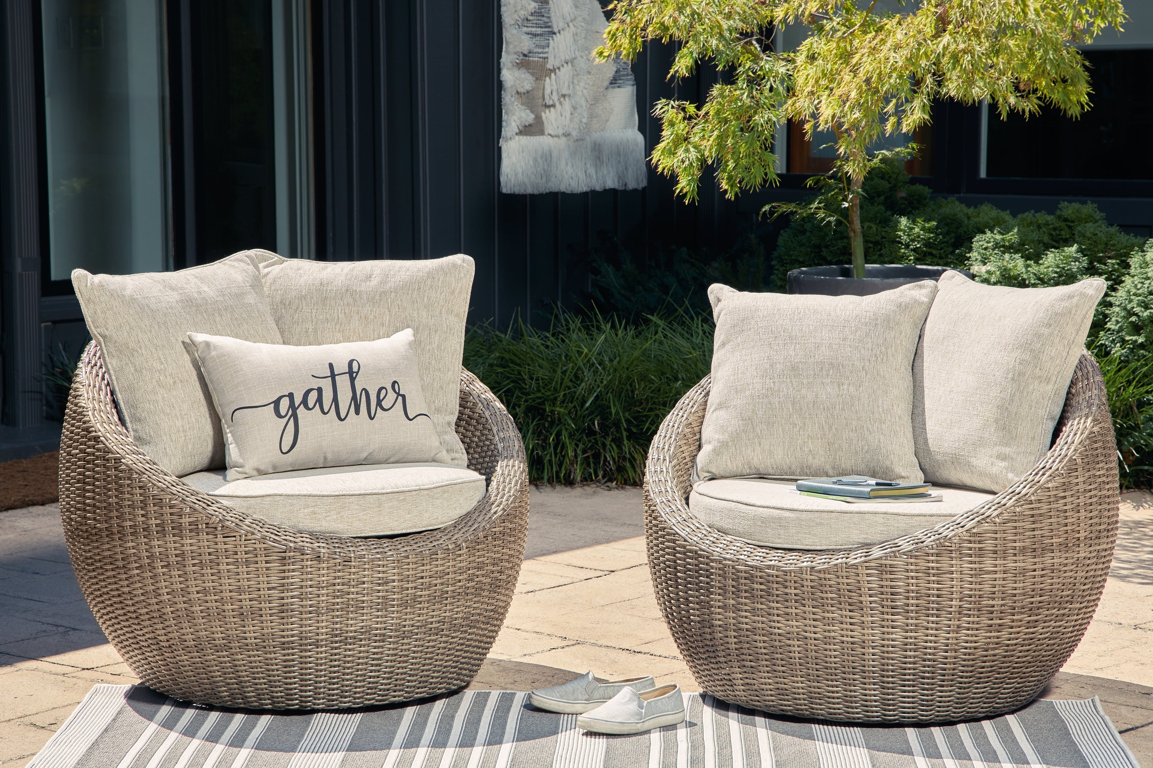 Danson Beige Outdoor Swivel Lounge Chair w/ Cushion (Set of 2)