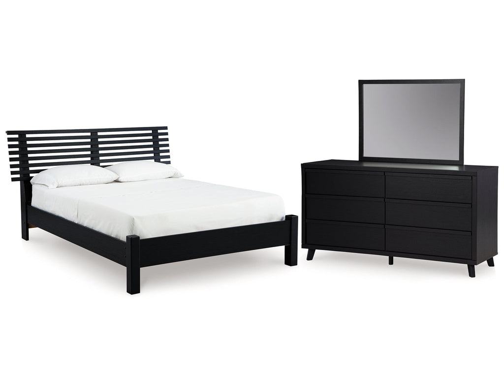 Danziar Black Full Panel Slat Bed, Dresser and Mirror