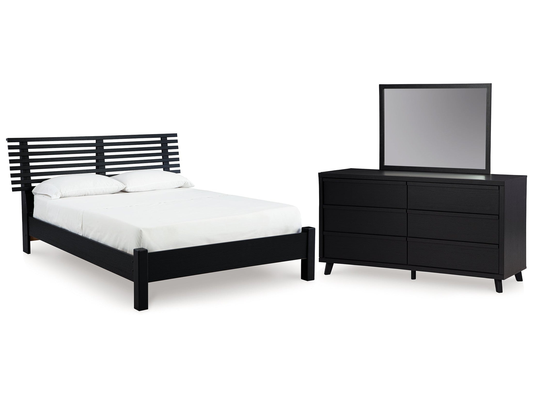 Danziar Black Full Panel Slat Bed, Dresser and Mirror