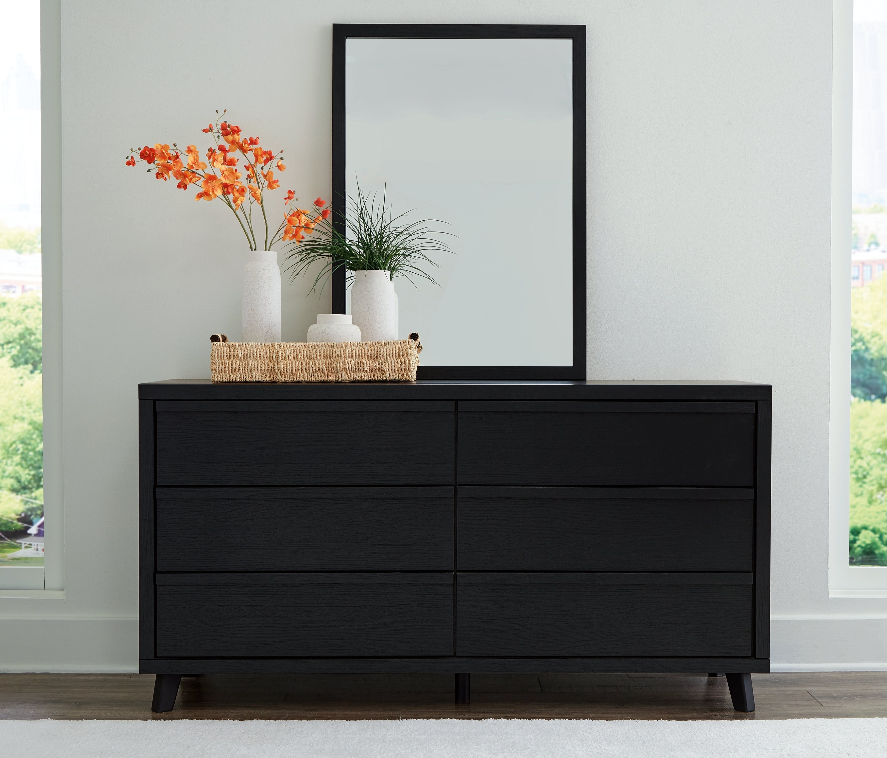 Danziar Black Full Panel Slat Bed, Dresser and Mirror