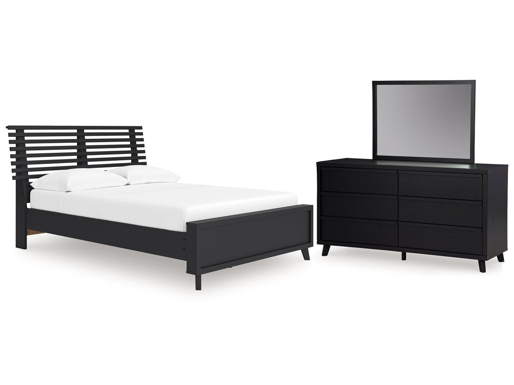 Danziar Black Full Slat Panel Platform Bed, Dresser and Mirror