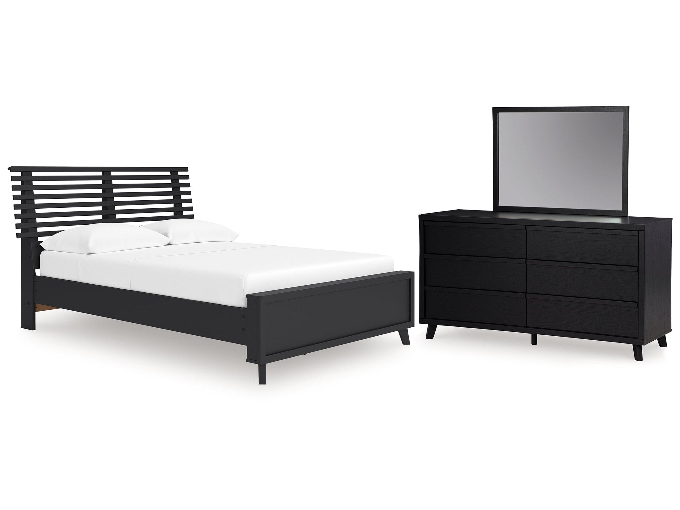 Danziar Black Full Slat Panel Platform Bed, Dresser and Mirror