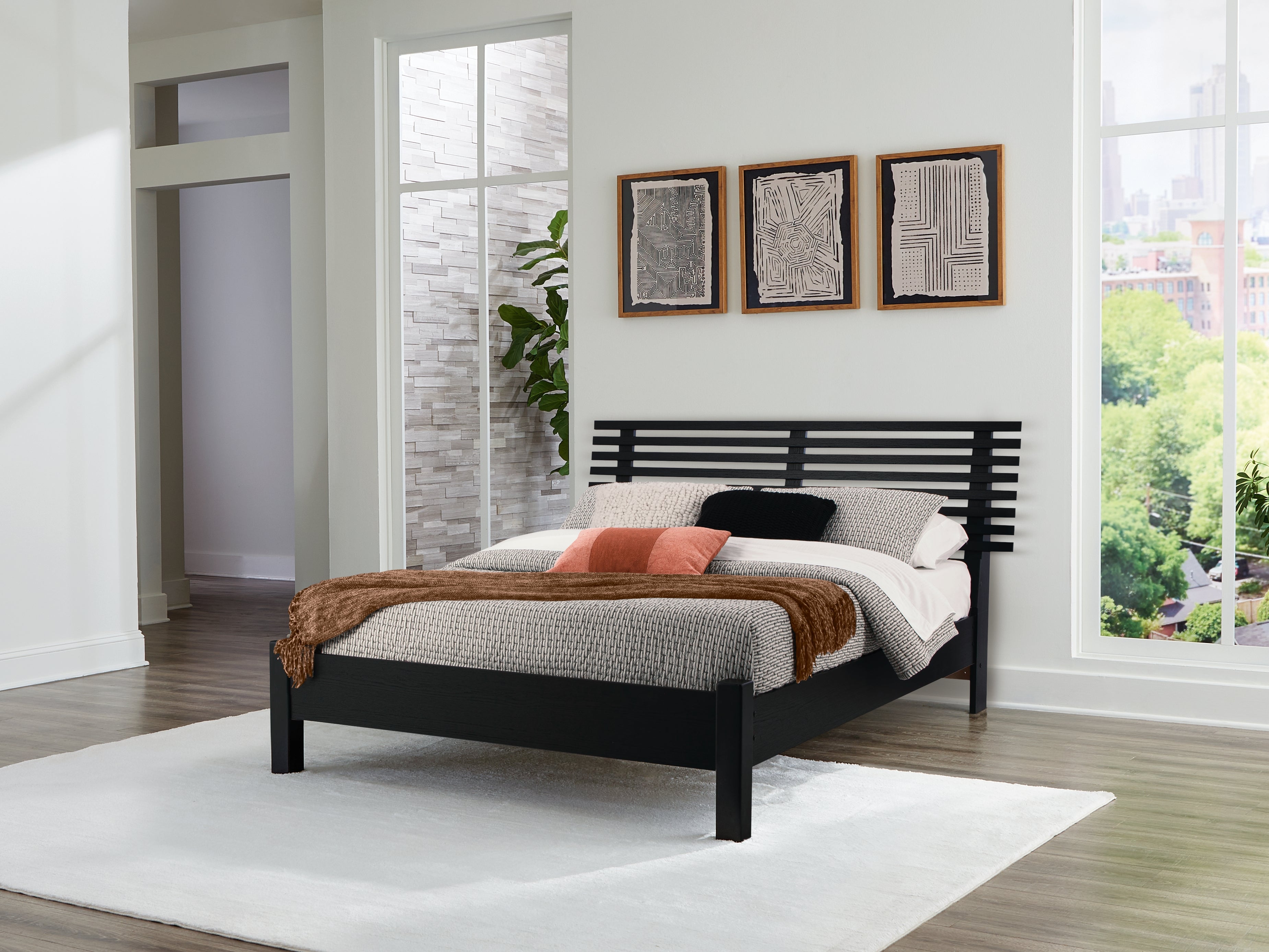 Danziar Black Queen Slat Panel Bed, Dresser and Mirror
