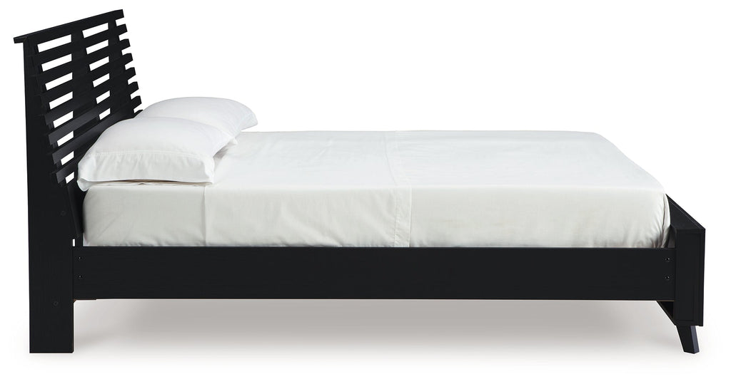 Danziar Black Queen Slat Panel Platform Bed, Dresser and Mirror