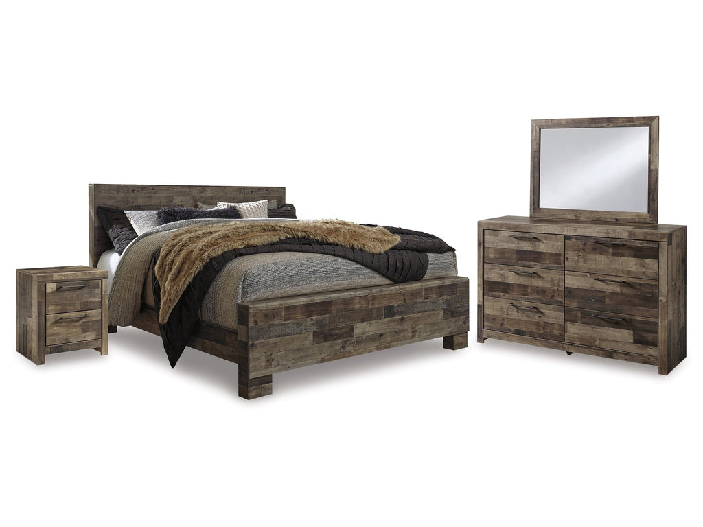 Derekson Multi King Panel Bed, Dresser, Mirror and Nightstand, Gray