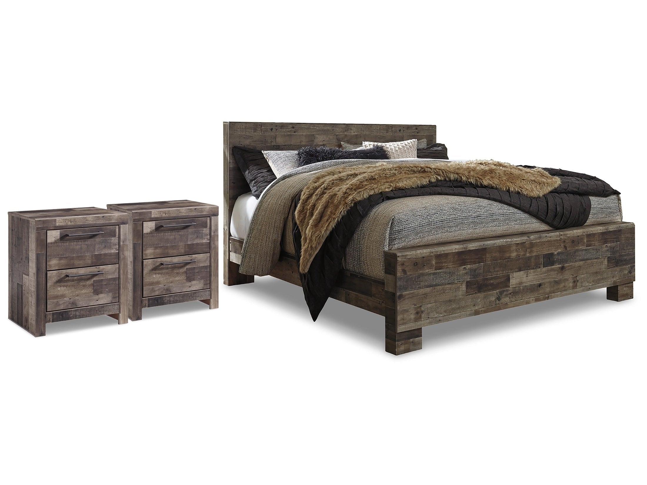 Derekson Multi Gray King Panel Bedroom Set with 2 Nightstands