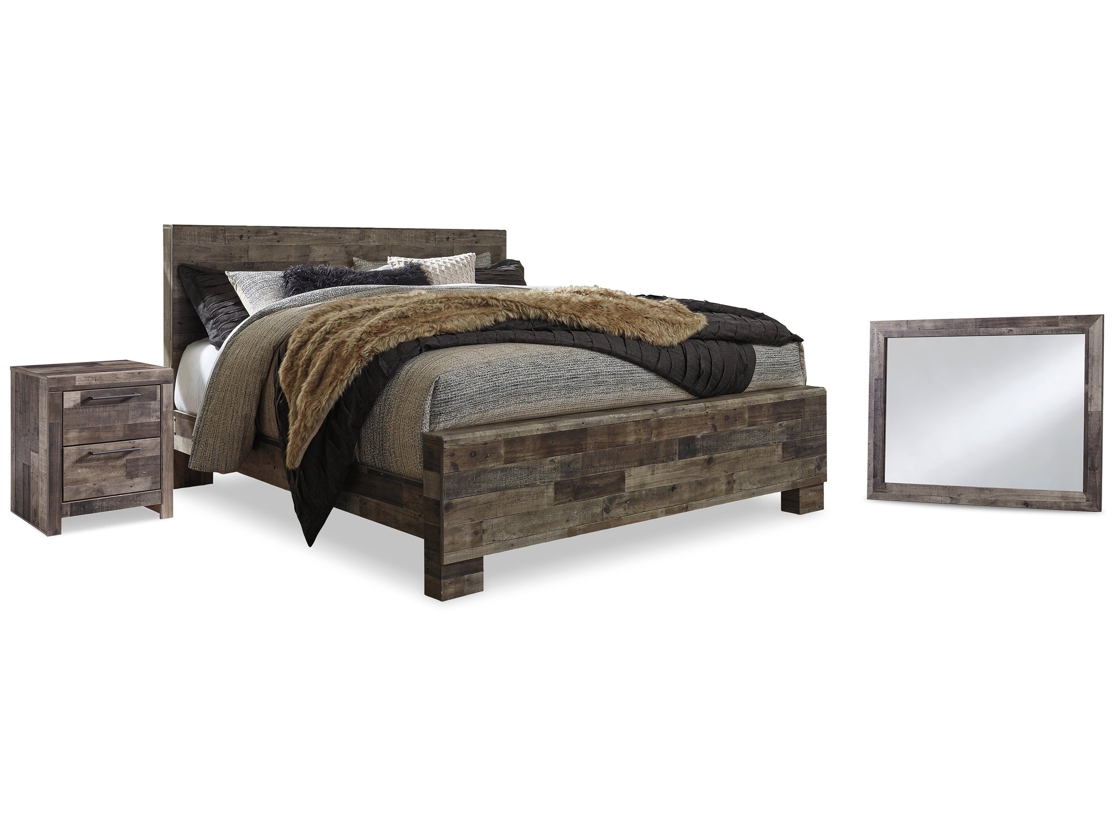 Derekson Multi Gray King Panel Bedroom Set with Mirror and Nightstand