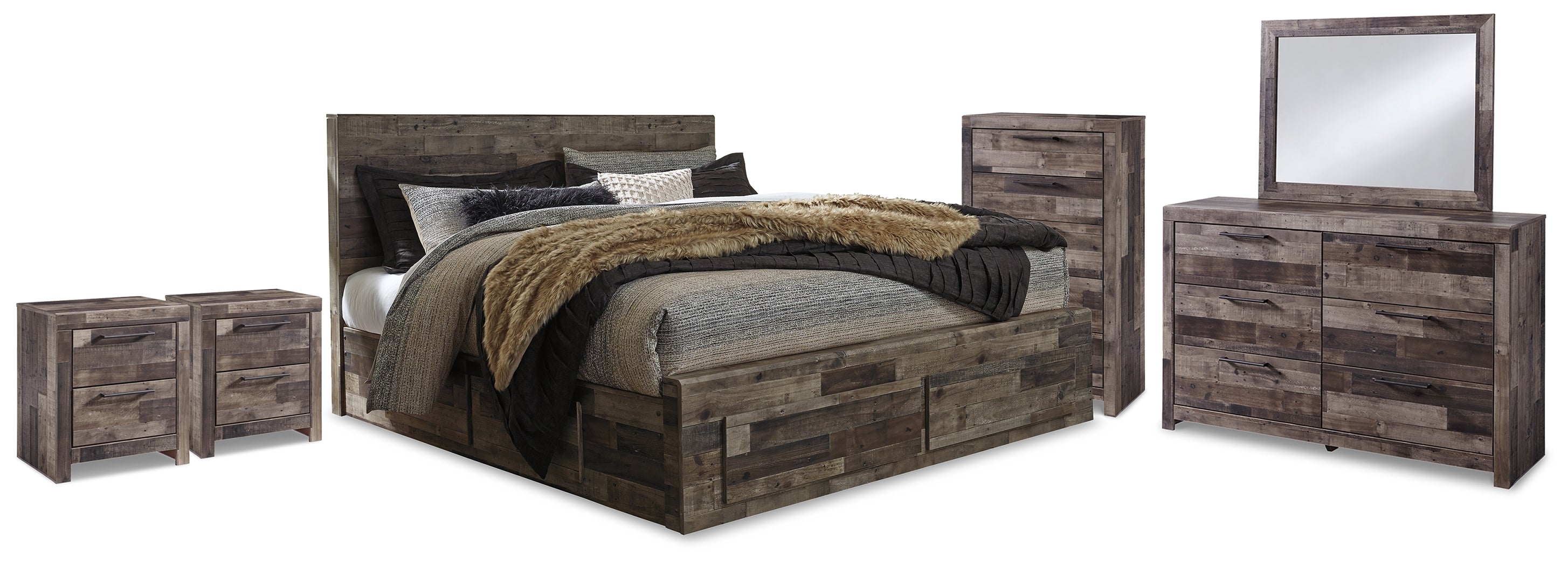 Derekson Multi King Panel Storage Bed, Dresser, Mirror, Chest and 2 Nightstands, Gray