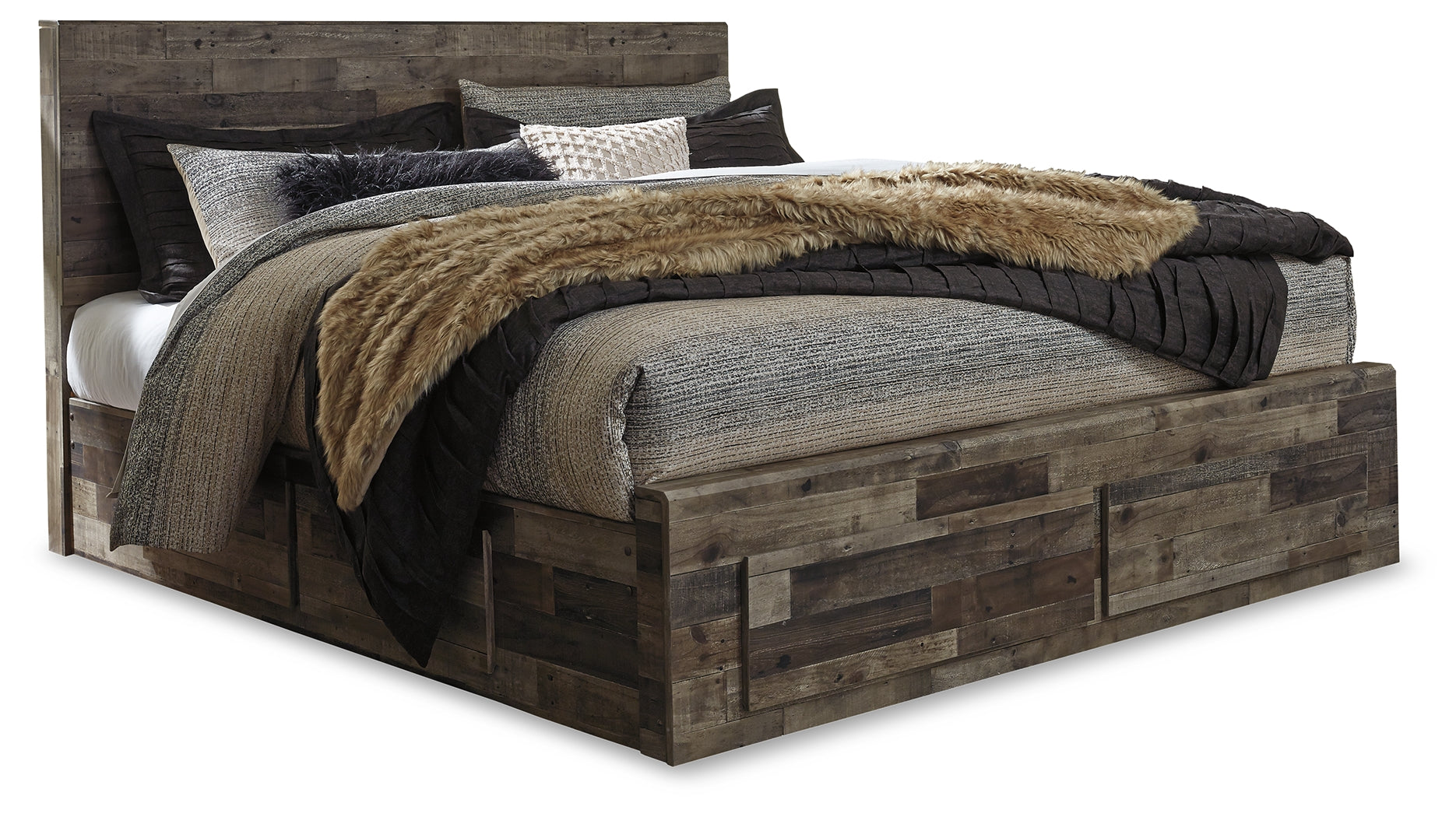 Derekson Multi King Panel Storage Bed, Dresser, Mirror, Chest and 2 Nightstands, Gray