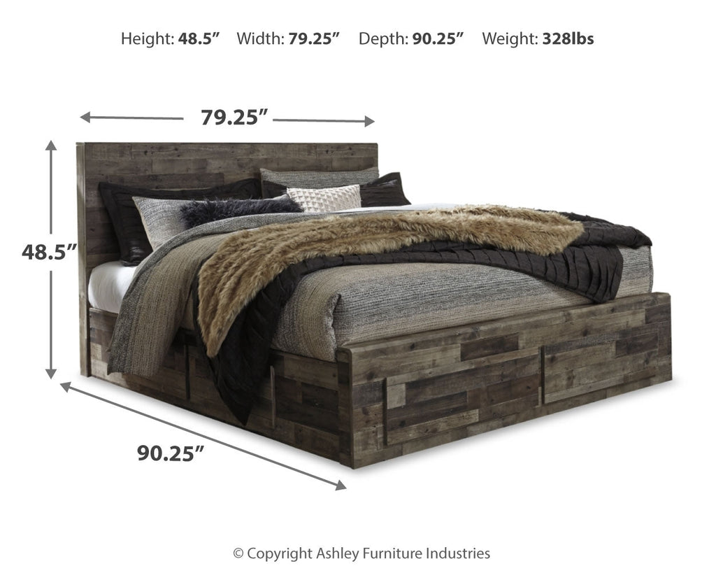 Derekson Multi King Panel Storage Bed, Dresser, Mirror, Chest and 2 Nightstands, Gray