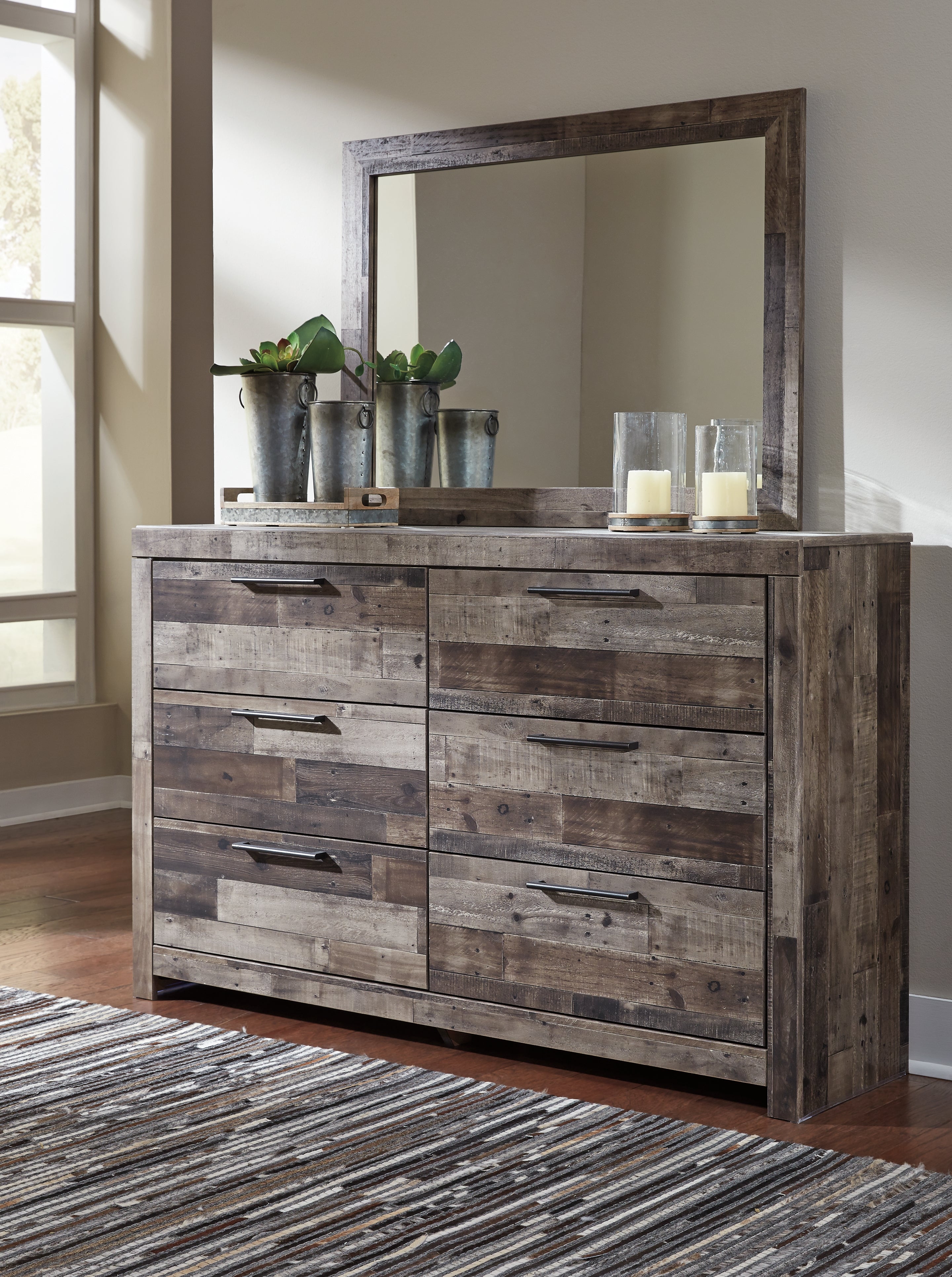 Derekson Multi King Panel Storage Bed, Dresser, Mirror, Chest and 2 Nightstands, Gray