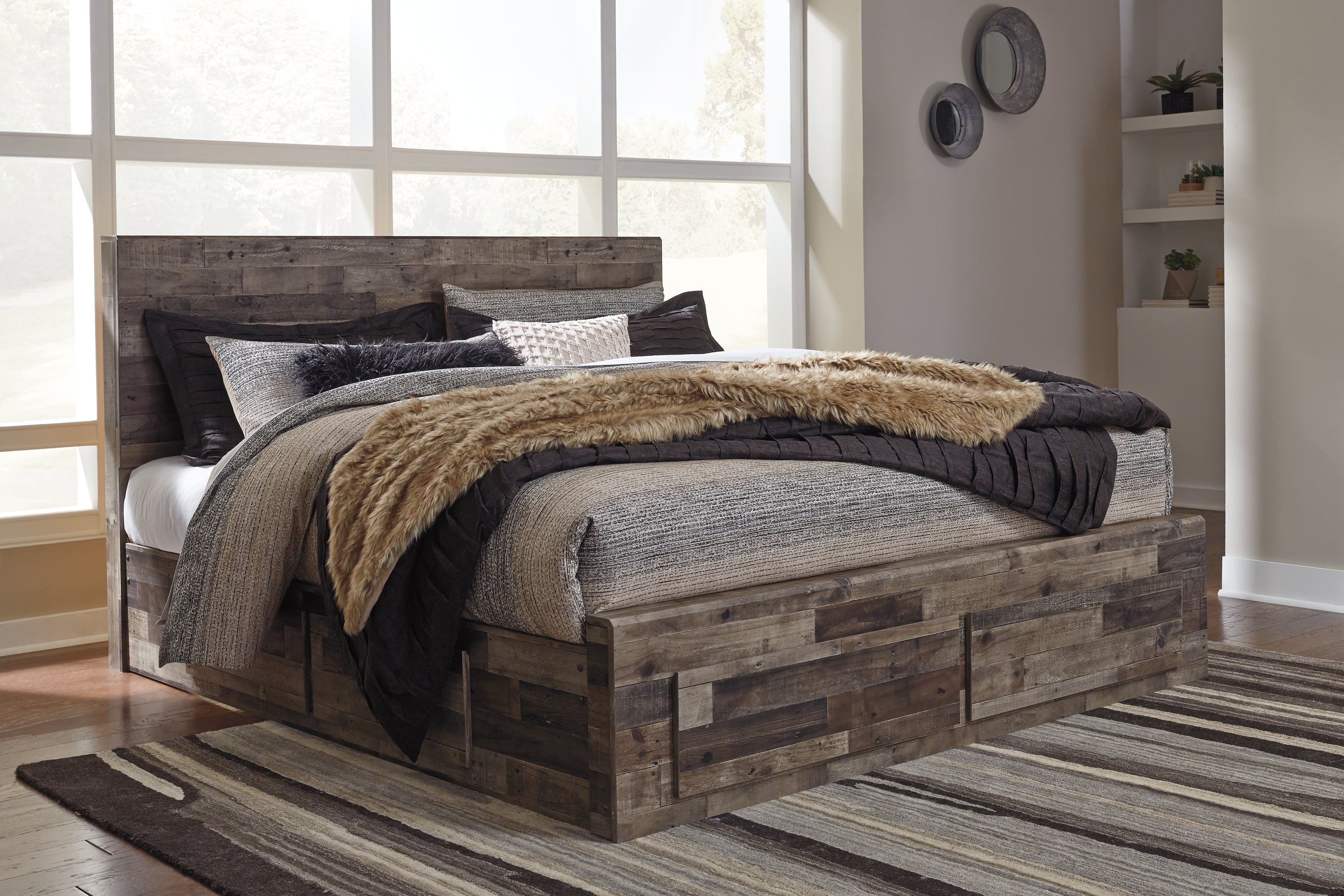 Derekson Multi King Panel Storage Bed, Dresser, Mirror, Chest and 2 Nightstands, Gray