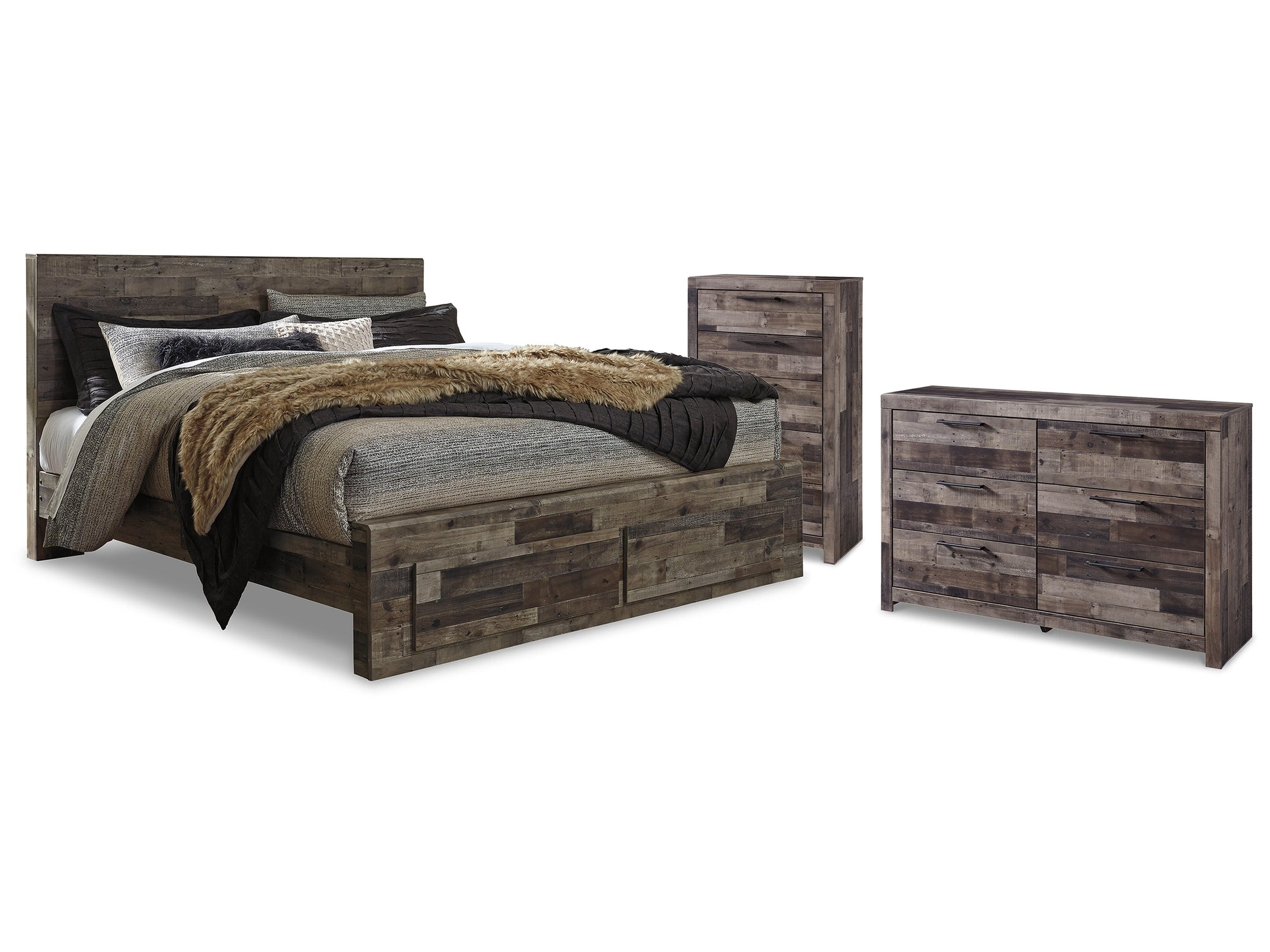 Derekson Multi Gray King Storage Bedroom Set with Dresser and Chest