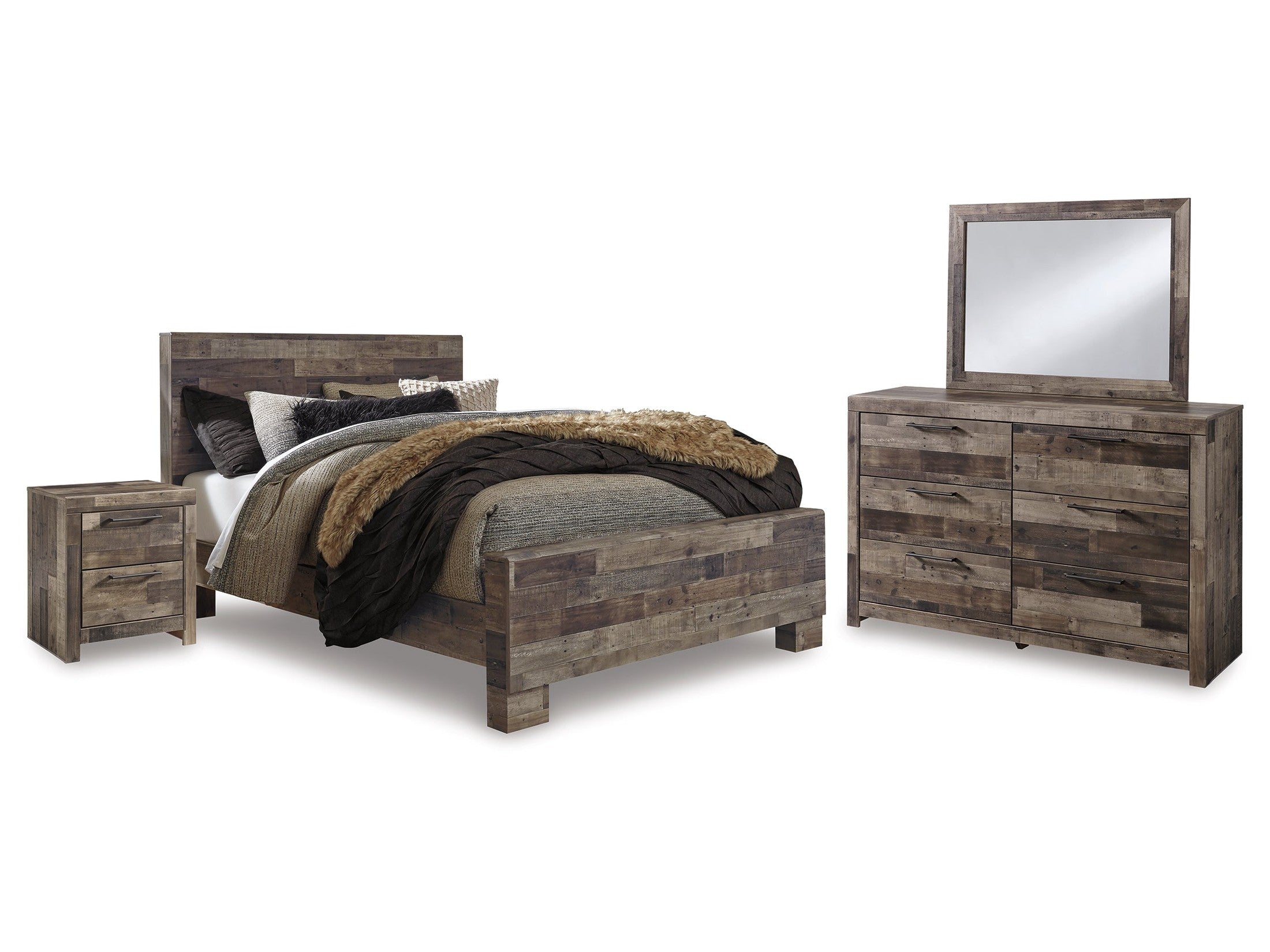 Derekson Multi Gray Queen Bed with Mirrored Dresser and Nightstand