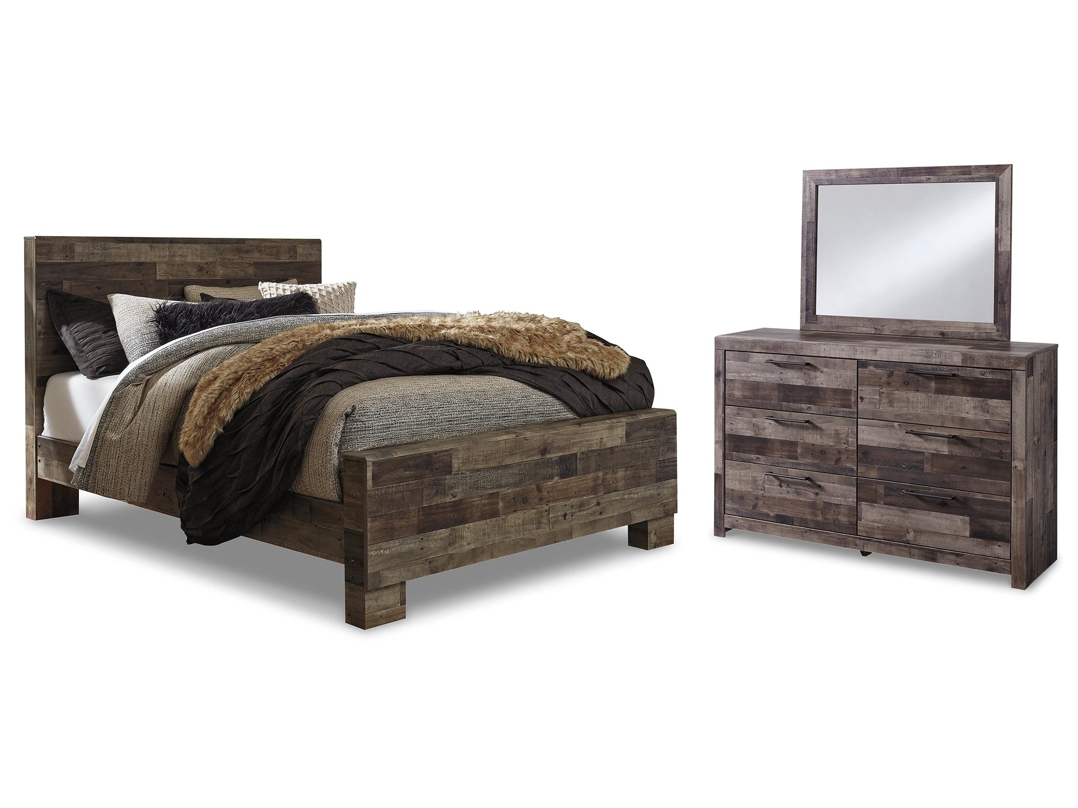 Derekson Multi Gray Queen Panel Bed, Dresser and Mirror