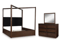 Dilenno Dark Brown Queen Canopy Bed, Dresser and Mirror