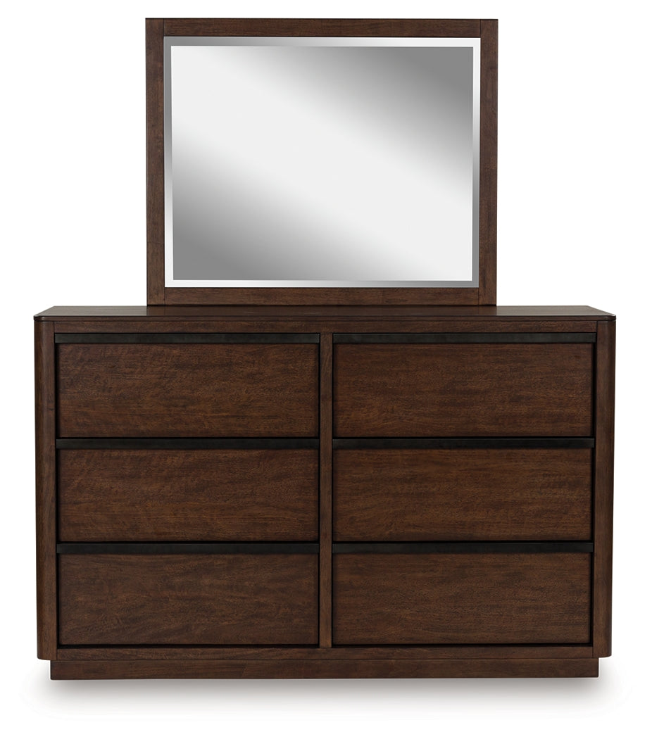 Dilenno Dark Brown Queen Canopy Bed, Dresser and Mirror