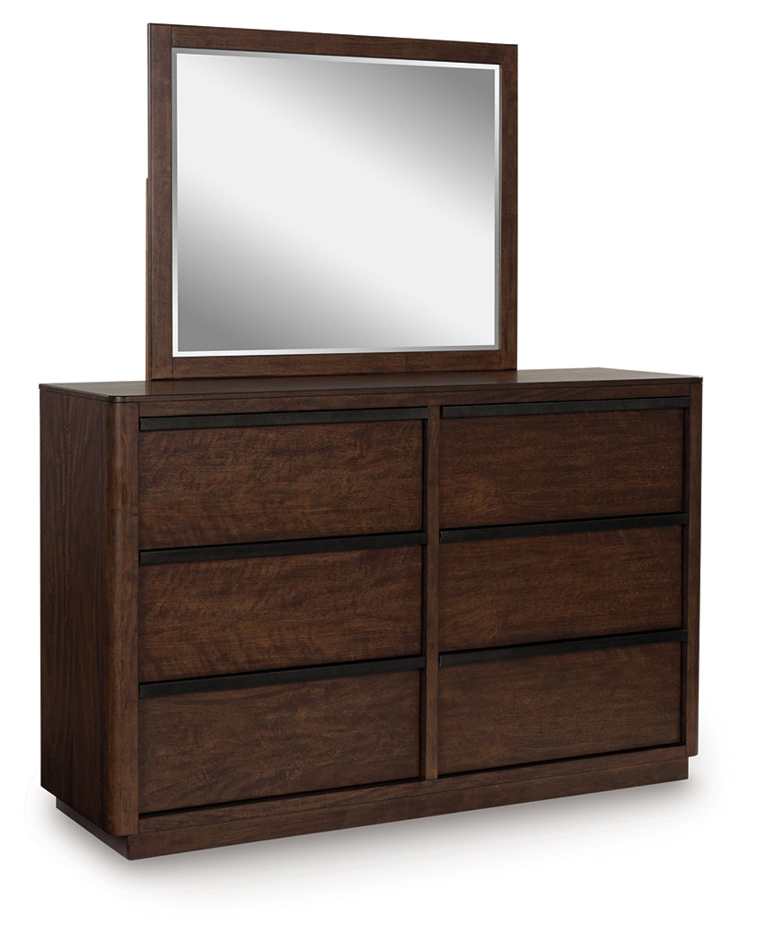 Dilenno Dark Brown Queen Canopy Bed, Dresser and Mirror
