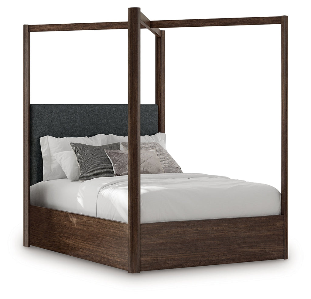 Dilenno Dark Brown Queen Canopy Bed, Dresser and Mirror