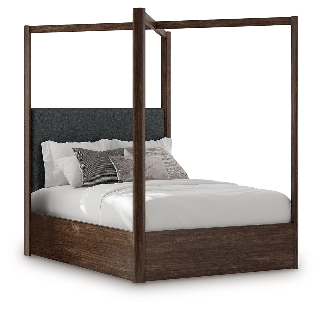 Dilenno Dark Brown Queen Canopy Bed, Dresser and Mirror