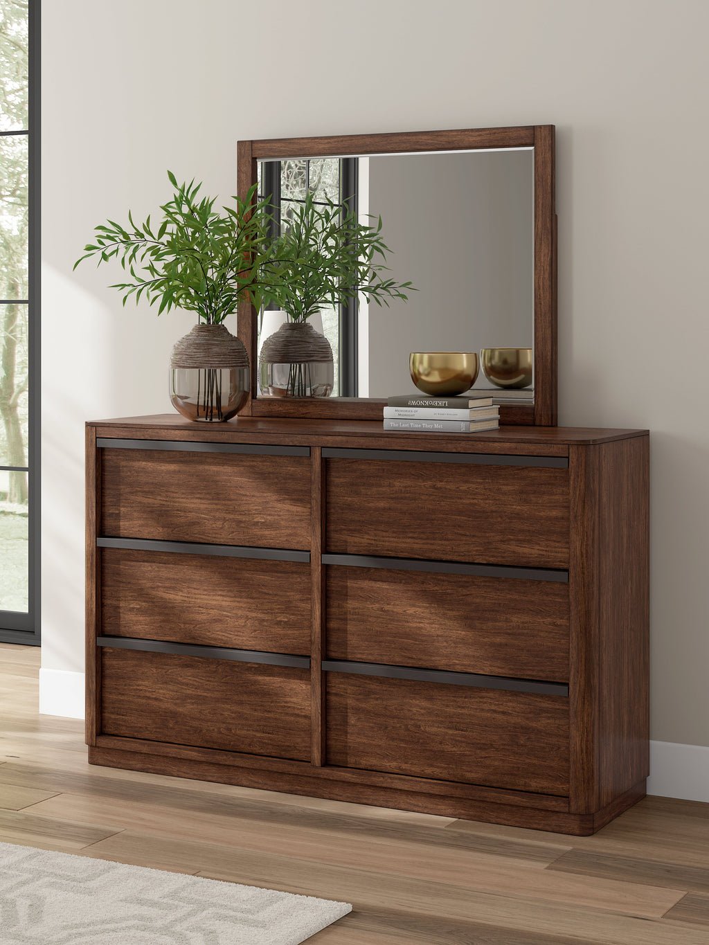 Dilenno Dark Brown Queen Canopy Bed, Dresser and Mirror