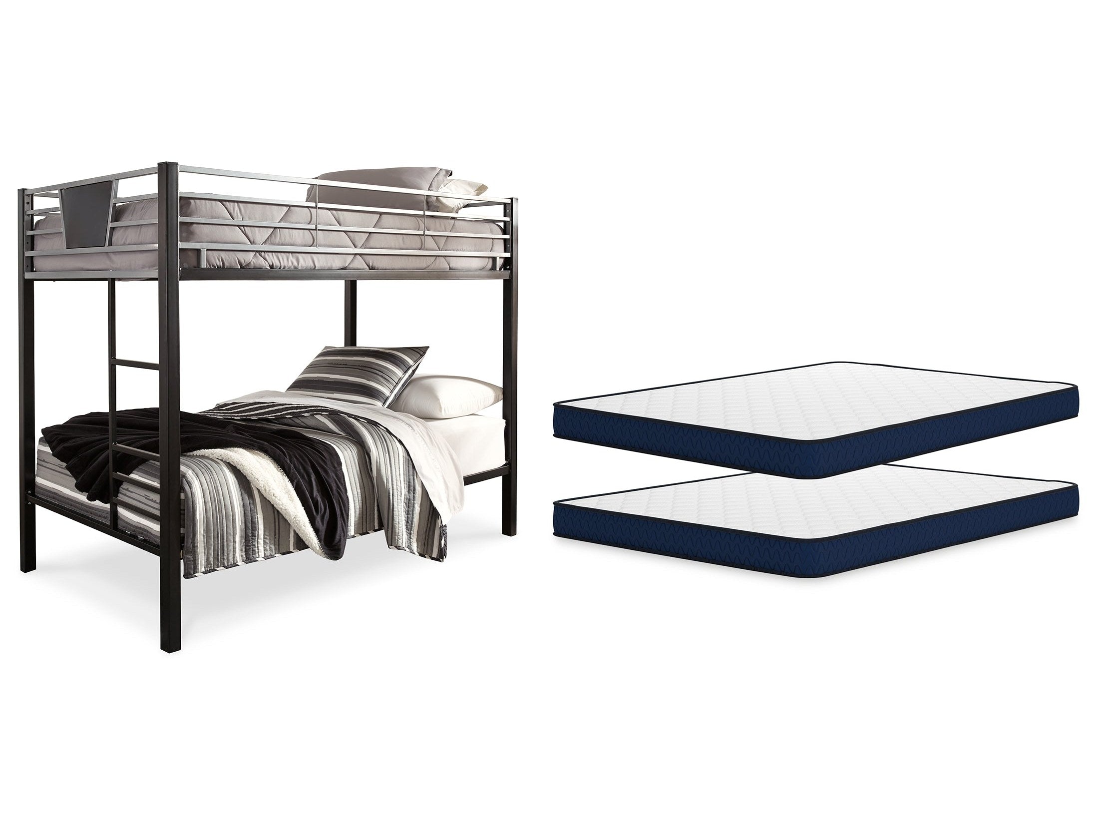 Dinsmore Black/Gray Twin over Twin Bunk Bed & 2 Mattresses
