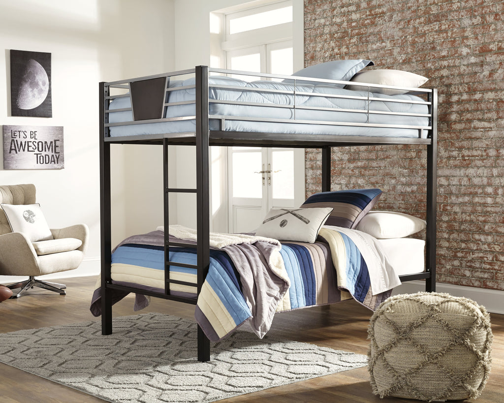 Dinsmore Black/Gray Twin over Twin Bunk Bed & 2 Mattresses
