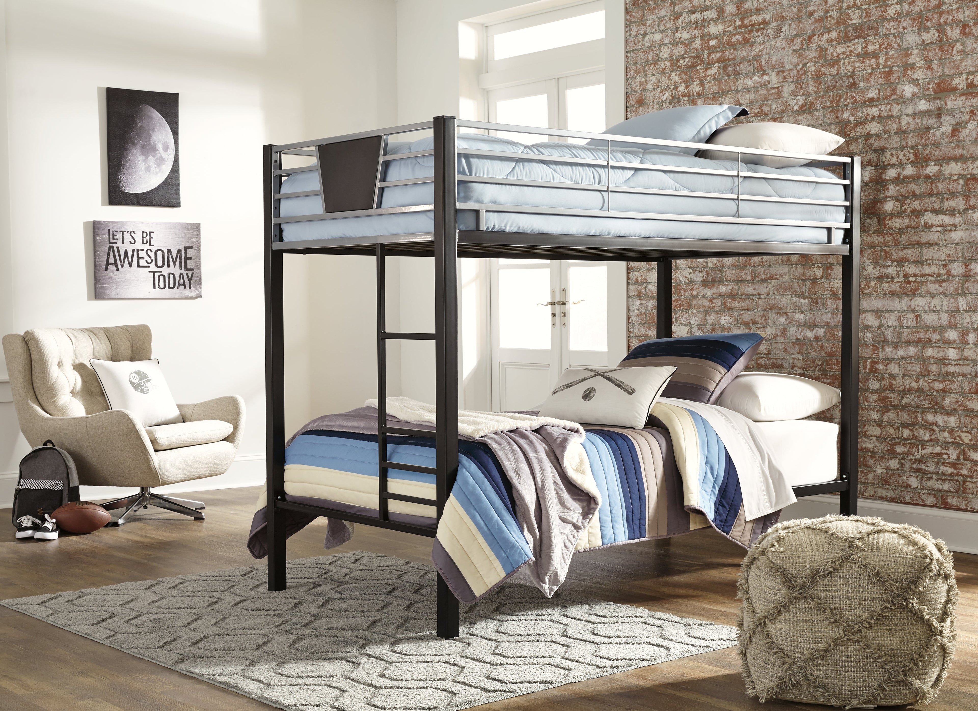 Dinsmore Black/Gray Twin over Twin Bunk Bed & 2 Mattresses