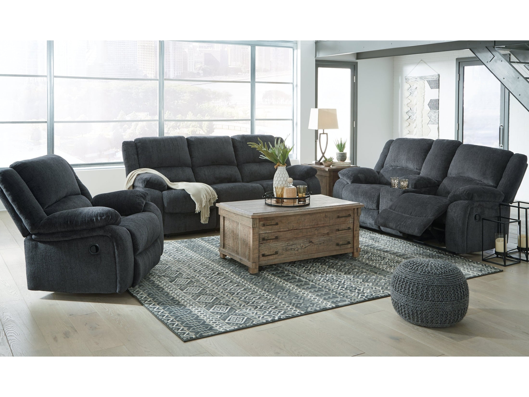 Draycoll Gray Reclining Sofa, Loveseat and Recliner