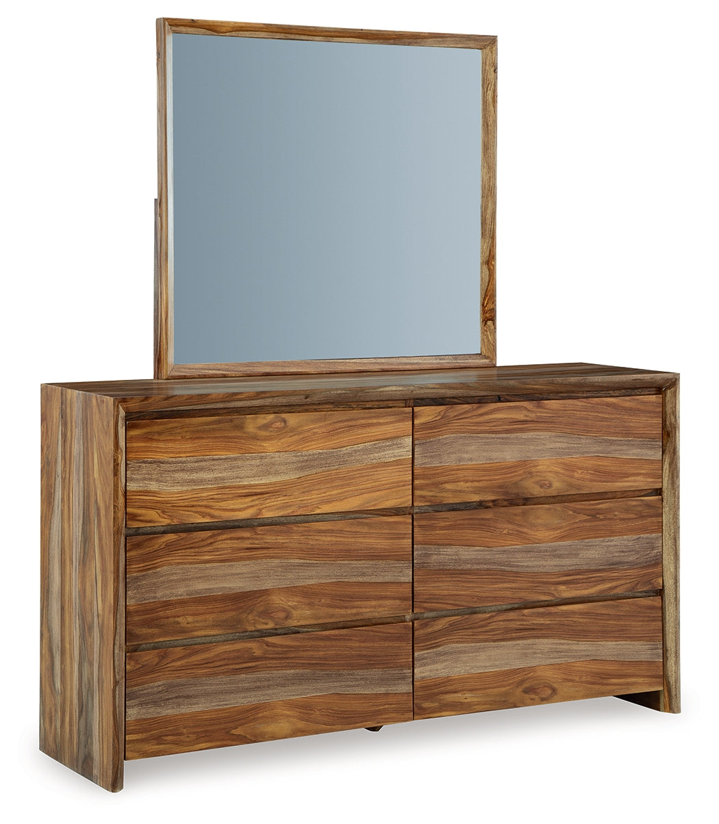 Dressonni Queen Panel Bed, Dresser, Mirror and Nightstand, Brown